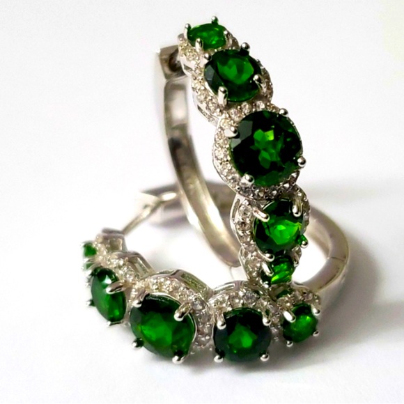 Watch Video / Sterling Silver 925 Emerald Halo Hoop Earrings